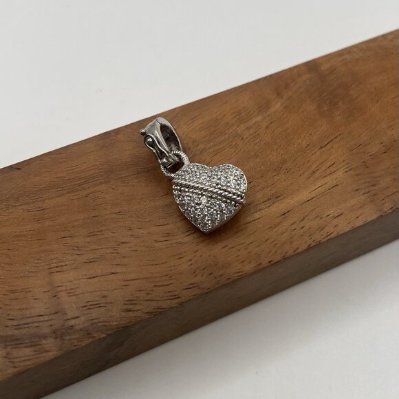 Judith Ripka Sterling Silver Heart Pendant CZ Pave Charm Hinged Bail Designer - Picture 2 of 6